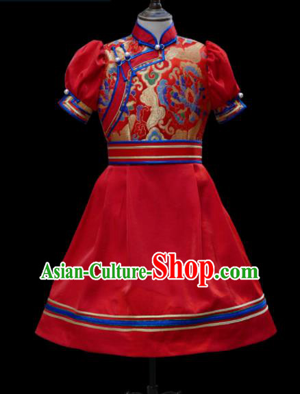 Traditional Chinese Mongol Ethnic Red Short Dress Mongolian Minority Folk Dance Clothing for Kids