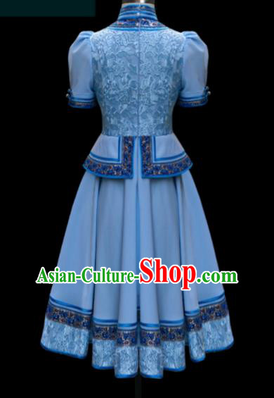 Traditional Chinese Mongol Ethnic Blue Dress Mongolian Minority Folk Dance Clothing for Kids