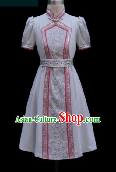 Traditional Chinese Mongol Ethnic Light Grey Dress Mongolian Minority Folk Dance Clothing for Kids