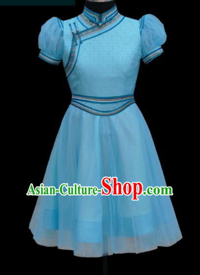 Traditional Chinese Mongol Ethnic Light Blue Dress Mongolian Minority Folk Dance Clothing for Kids