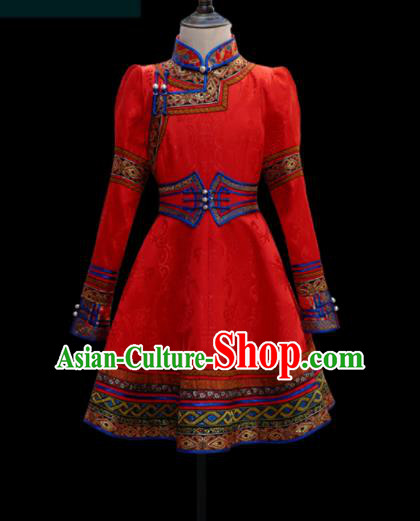 Traditional Chinese Mongol Ethnic Red Dress Mongolian Minority Folk Dance Clothing for Kids