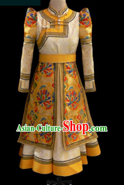 Traditional Chinese Mongol Ethnic Yellow Dress Mongolian Minority Folk Dance Clothing for Kids