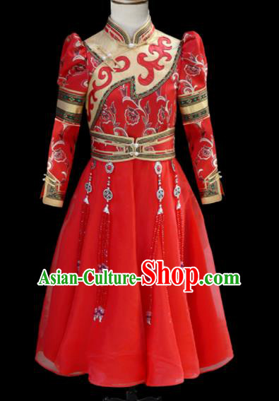 Chinese Traditional Mongol Ethnic Red Dress Mongolian Minority Folk Dance Clothing for Kids