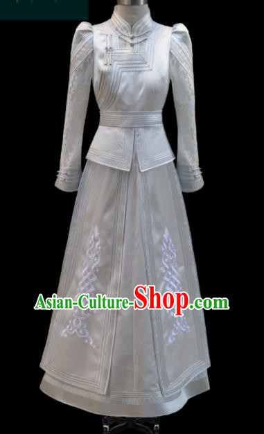 Traditional Chinese Mongol Ethnic Bride White Dress Mongolian Minority Folk Dance Embroidered Costume for Women