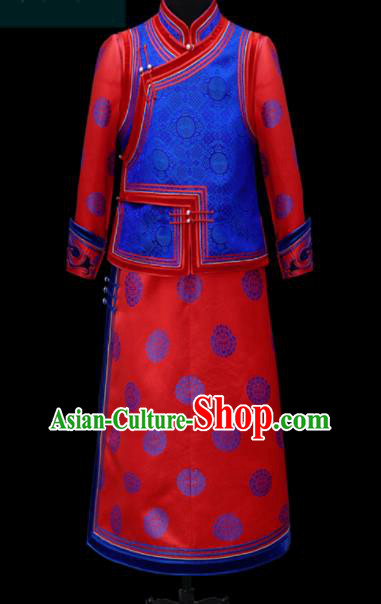 Chinese Traditional Mongol Ethnic Bridegroom Red Robe Mongolian Minority Folk Dance Costume for Men