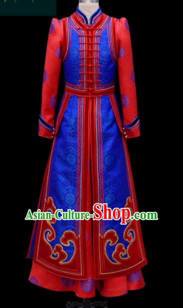 Traditional Chinese Mongol Ethnic Bride Royalblue Dress Mongolian Minority Folk Dance Embroidered Costume for Women