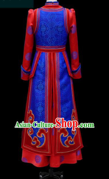 Traditional Chinese Mongol Ethnic Bride Royalblue Dress Mongolian Minority Folk Dance Embroidered Costume for Women