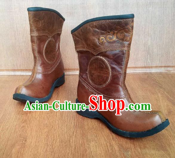 Traditional Chinese Mongol Ethnic Brown Leather Boots Mongolian Minority Folk Dance Shoes for Kids