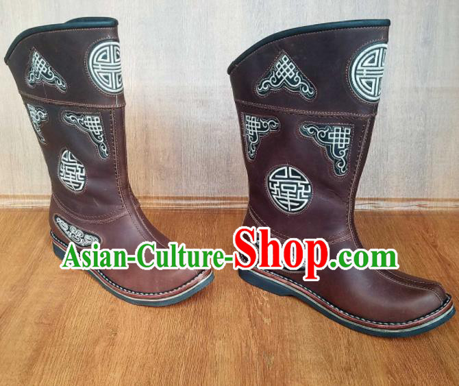 Traditional Chinese Mongol Ethnic Brown Leather Boots Mongolian Minority Folk Dance Handmade Shoes for Men