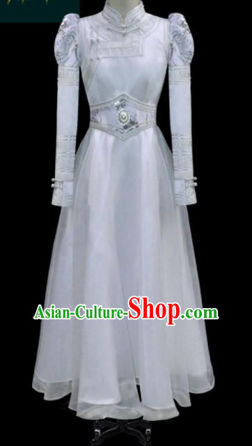 Traditional Chinese Mongol Ethnic Bride White Dress Mongolian Minority Folk Dance Embroidered Costume for Women