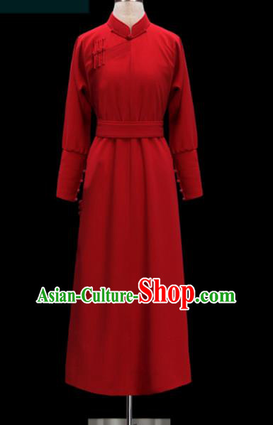 Traditional Chinese Mongol Ethnic Wedding Red Dress Mongolian Minority Folk Dance Embroidered Costume for Women