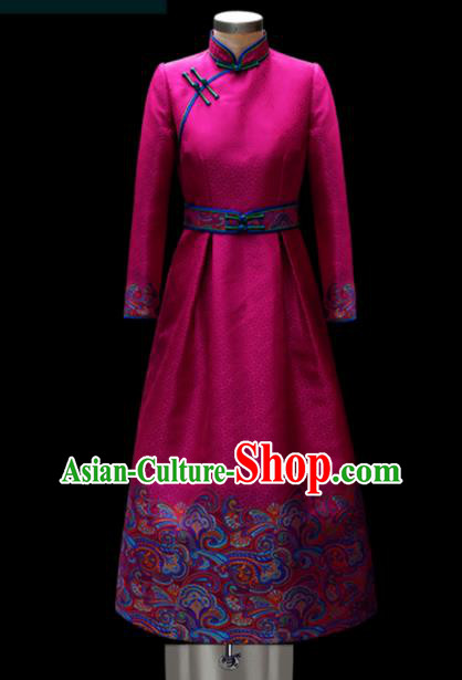 Traditional Chinese Mongol Ethnic Wedding Rosy Dress Mongolian Minority Folk Dance Embroidered Costume for Women