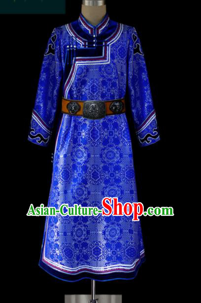 Chinese Traditional Mongol Ethnic Wedding Royalblue Robe Mongolian Minority Folk Dance Costume for Men