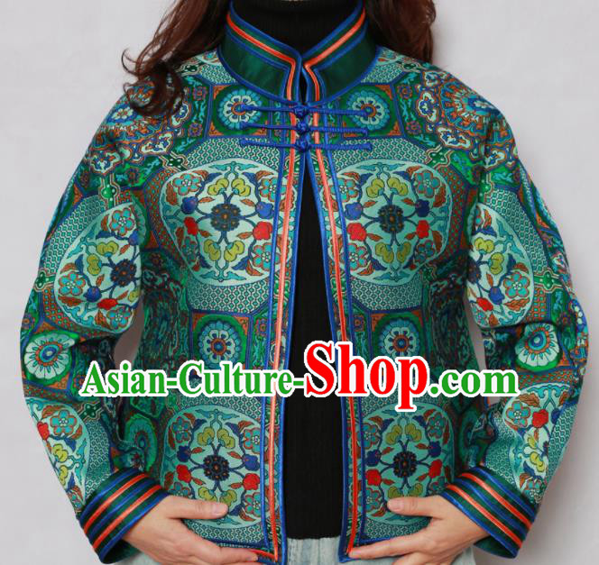 Traditional Chinese Mongol Ethnic Green Cotton Wadded Jacket Mongolian Minority Folk Dance Costume for Women