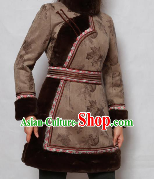 Traditional Chinese Mongol Ethnic Brown Cotton Wadded Jacket Mongolian Minority Folk Dance Costume for Women