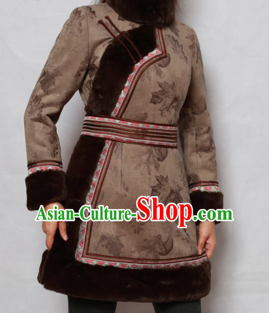 Traditional Chinese Mongol Ethnic Brown Cotton Wadded Jacket Mongolian Minority Folk Dance Costume for Women