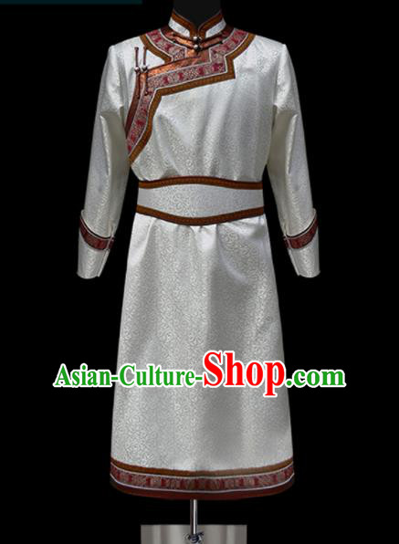 Chinese Traditional Mongol Ethnic Wedding White Robe Mongolian Minority Folk Dance Costume for Men