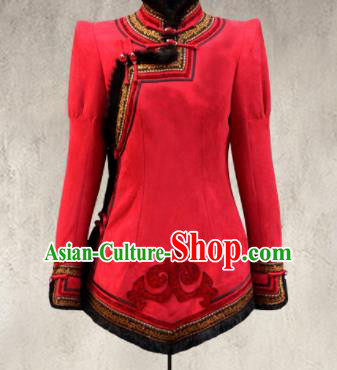 Traditional Chinese Mongol Ethnic Red Suede Cotton Wadded Jacket Mongolian Minority Folk Dance Costume for Women