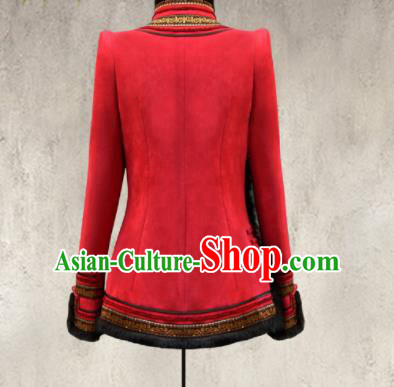 Traditional Chinese Mongol Ethnic Red Suede Cotton Wadded Jacket Mongolian Minority Folk Dance Costume for Women