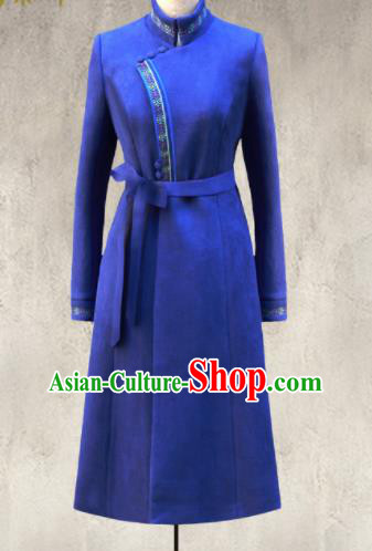 Traditional Chinese Mongol Ethnic Royalblue Suede Coat Mongolian Minority Folk Dance Costume for Women