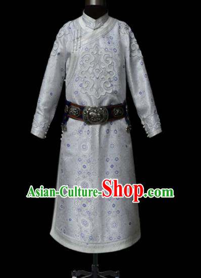 Chinese Traditional Mongol Ethnic National White Robe Mongolian Minority Folk Dance Costume for Men