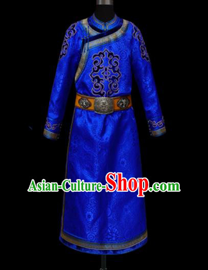 Chinese Traditional Mongol Ethnic National Royalblue Robe Mongolian Minority Folk Dance Costume for Men