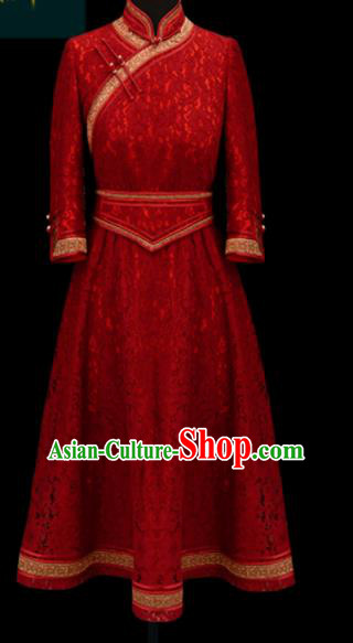 Traditional Chinese Mongol Ethnic Red Lace Dress Mongolian Minority Folk Dance Embroidered Costume for Women