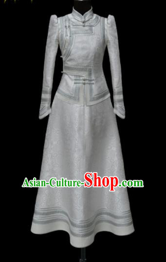 Traditional Chinese Mongol Ethnic Wedding White Dress Mongolian Minority Folk Dance Costume for Women