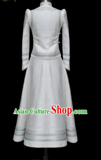 Traditional Chinese Mongol Ethnic Wedding White Dress Mongolian Minority Folk Dance Costume for Women