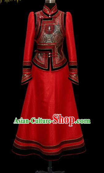 Traditional Chinese Mongol Ethnic Wedding Red Dress Mongolian Minority Folk Dance Costume for Women