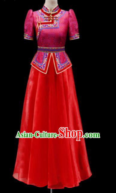 Traditional Chinese Mongol Ethnic National Wedding Red Dress Mongolian Minority Folk Dance Costume for Women