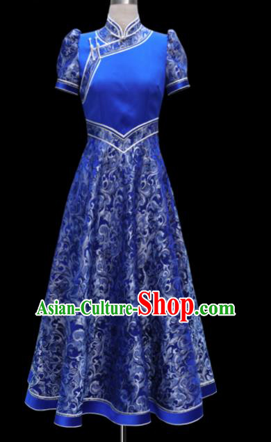 Traditional Chinese Mongol Ethnic National Wedding Royalblue Dress Mongolian Minority Folk Dance Costume for Women