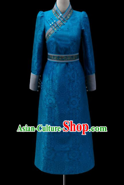 Traditional Chinese Mongol Ethnic National Blue Dress Mongolian Minority Folk Dance Costume for Women