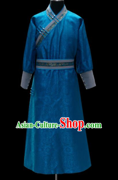 Chinese Traditional Mongol Ethnic National Blue Robe Mongolian Minority Folk Dance Costume for Men