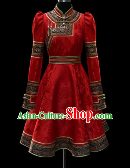 Traditional Chinese Mongol Ethnic National Red Dress Mongolian Minority Folk Dance Costume for Women