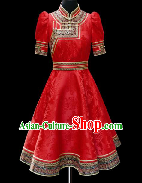 Traditional Chinese Mongol Ethnic National Red Brocade Dress Mongolian Minority Folk Dance Costume for Women