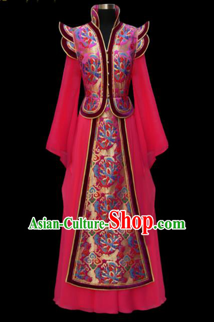 Traditional Chinese Mongol Ethnic National Rosy Brocade Dress Mongolian Minority Folk Dance Costume for Women