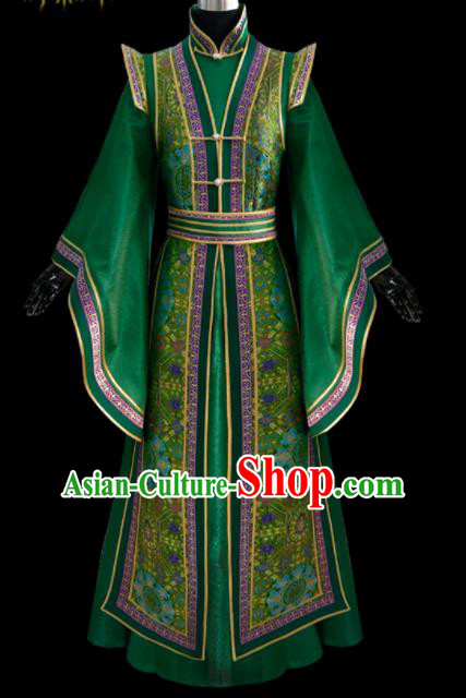 Traditional Chinese Mongol Ethnic National Green Brocade Dress Mongolian Minority Folk Dance Costume for Women