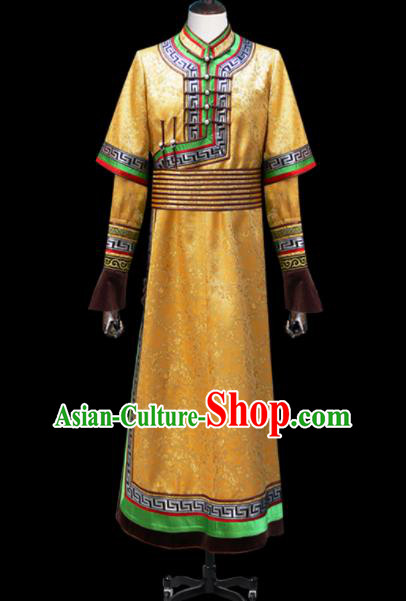 Chinese Traditional Mongol Ethnic National Golden Brocade Robe Mongolian Minority Folk Dance Costume for Men