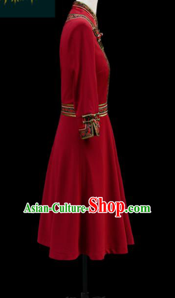 Traditional Chinese Mongol Ethnic Red Dress Mongolian Minority Folk Dance Embroidered Costume for Women