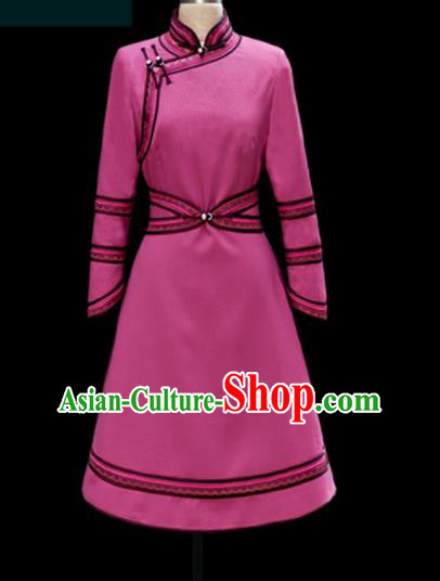 Traditional Chinese Mongol Ethnic Pink Dress Mongolian Minority Folk Dance Embroidered Costume for Women