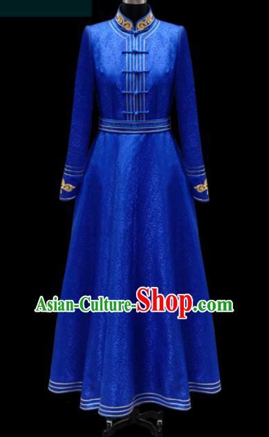 Traditional Chinese Mongol Ethnic Royalblue Dress Mongolian Minority Folk Dance Embroidered Costume for Women