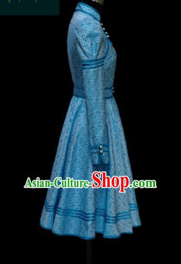 Traditional Chinese Mongol Ethnic Blue Dress Mongolian Minority Folk Dance Embroidered Costume for Women