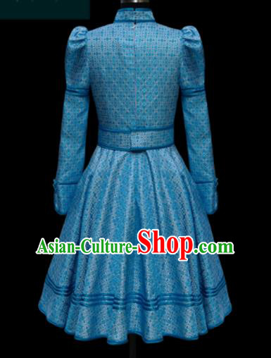 Traditional Chinese Mongol Ethnic Blue Dress Mongolian Minority Folk Dance Embroidered Costume for Women