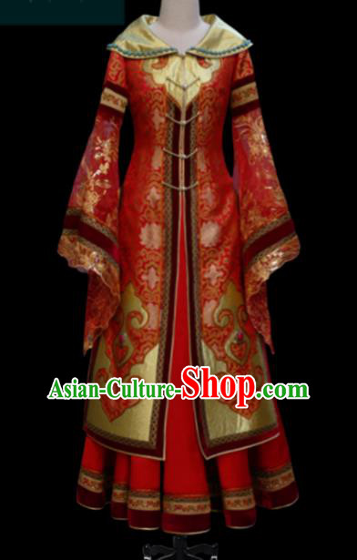 Traditional Chinese Mongol Ethnic Bride Red Dress Mongolian Minority Folk Dance Embroidered Costume for Women