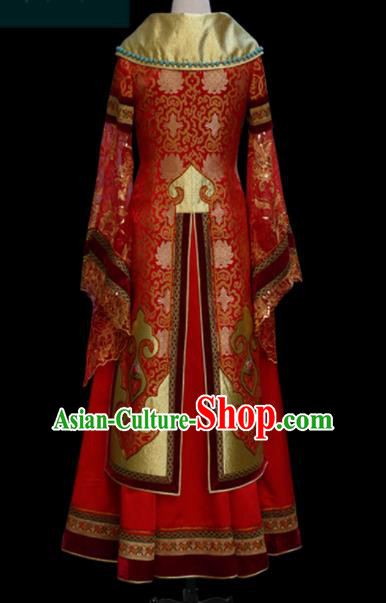 Traditional Chinese Mongol Ethnic Bride Red Dress Mongolian Minority Folk Dance Embroidered Costume for Women