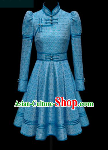 Traditional Chinese Mongol Ethnic Blue Dress Mongolian Minority Folk Dance Embroidered Costume for Women