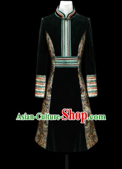 Chinese Traditional Mongol Ethnic National Black Velvet Robe Mongolian Minority Folk Dance Costume for Men