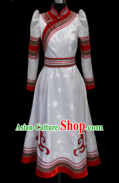 Traditional Chinese Mongol Ethnic National White Brocade Dress Mongolian Minority Folk Dance Costume for Women