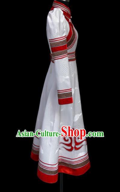 Traditional Chinese Mongol Ethnic National White Brocade Dress Mongolian Minority Folk Dance Costume for Women